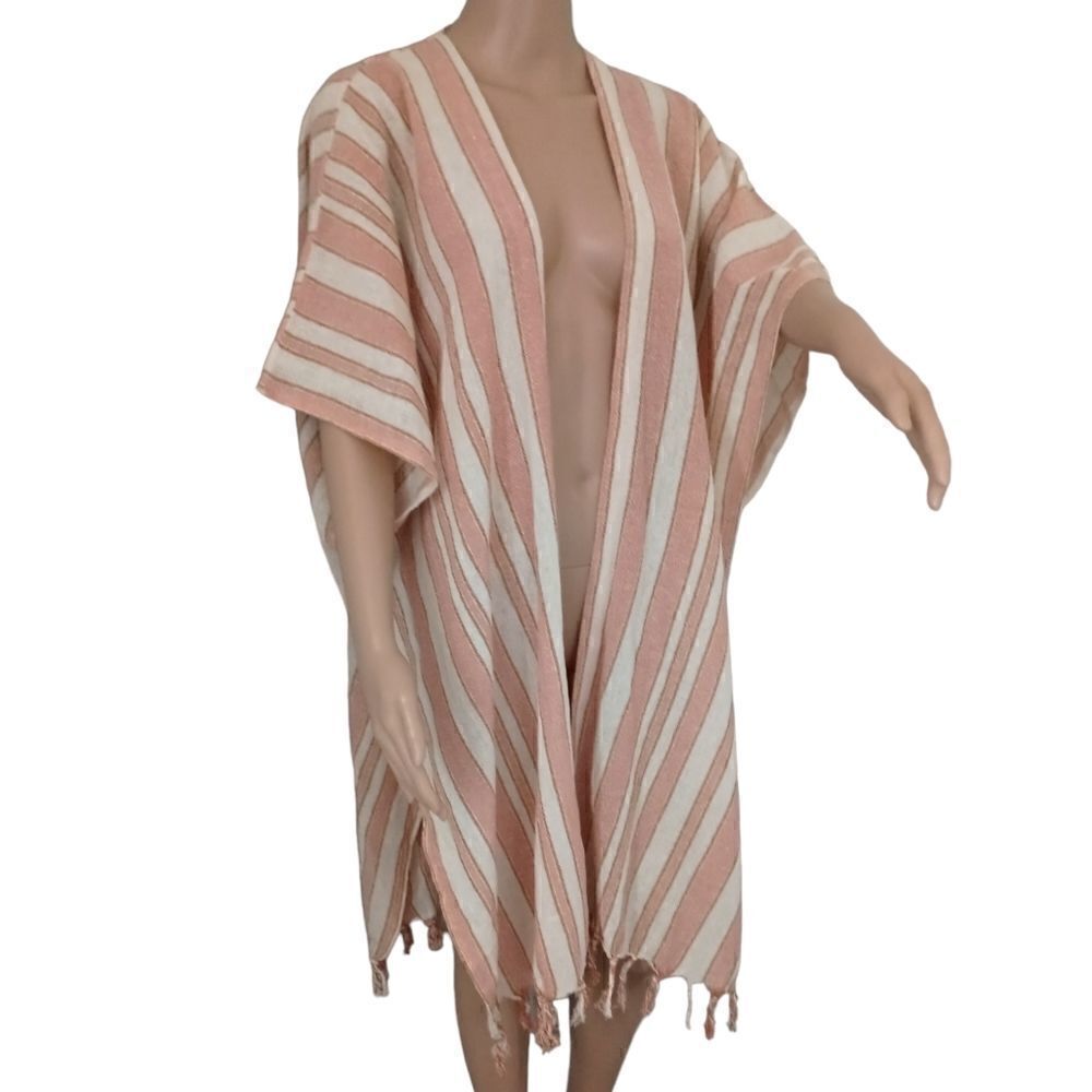 Rays for Days Kimono Cover Up One Size Coral Stripe Fringe Bohemian Beach NEW - Picture 2 of 15